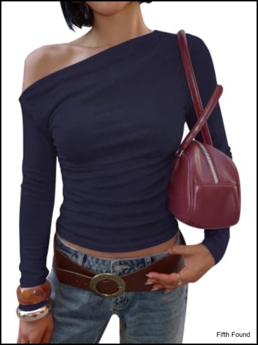 Off Shoulder Long Sleeve Ribbed Knit Top Asymmetric Neckline Going Out Blouse
